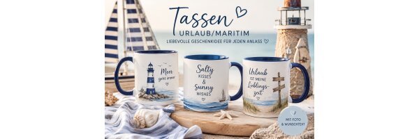 Tassen mit Urlaubs- und maritimen Motiven