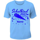 Personalisiertes Kinder T-Shirt "Schulkind 2023" mit Wunschnamen 134/140 weiß hellblau