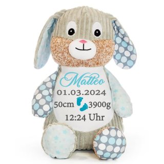 Personalisierter Sensory Bunny blau Kuscheltier mit Namen und Geburtsdaten