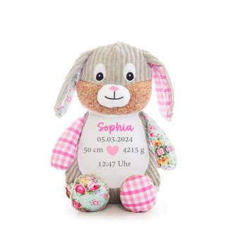Personalisierter Sensory Bunny pink Kuscheltier mit Namen und Geburtsdaten