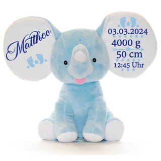 Personalisiertes Kuscheltier Dumble Elefant blau mit Geburtsdaten