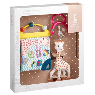Geschenkset zur Geburt mit 1 Sophie la girafe +1 Entdeckerbuch + 1 Kugelrassel