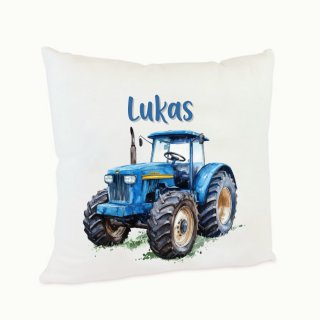 Personalisiertes Kissen – Blauer Traktor mit Namen, 40 x 40 cm ohne Kissenfüllung
