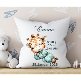 Personalisierbares Kissen – Schlafende Giraffe mit Namen & Geburtsdaten Geschenk Geburt Taufe