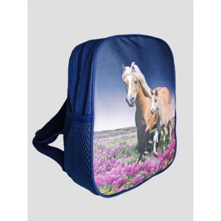 S&C Kinderrucksack mit Pferd Motiv – 32x24 cm, Kinder Rucksack, Blau mit Pferden und Blumen