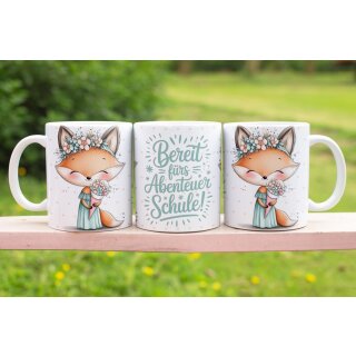 Tasse „Bereit fürs Abenteuer Schule“ – Einschulungstasse Fuchsmädchen mit Blumen
