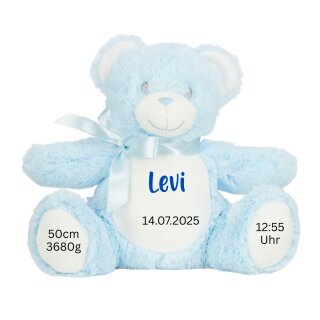 Personalisierter Teddybär zur Geburt oder Taufe – Blau, ca. 26 cm