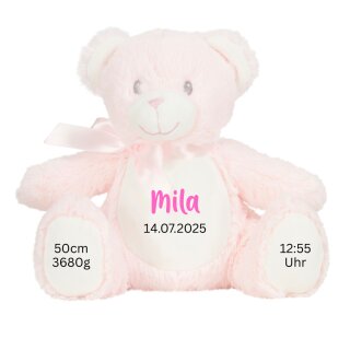 Personalisierter Kuschelbär rosa – mit Namen, Geburtsdaten & Wunschtext