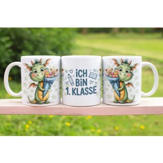 Einschulungstasse – Ich bin 1. Klasse | Grüner Drache mit Schultüte