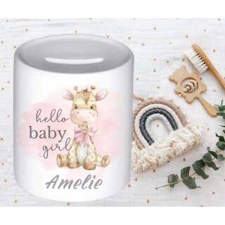 Spardose Giraffe – Hello Baby Girl mit Name, Geschenk Geburt