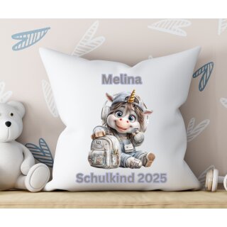 Personalisiertes Einschulungskissen „Schulkind 2025 – Kissen mit Einhorn & Schulrucksack mit Kissenfüllung