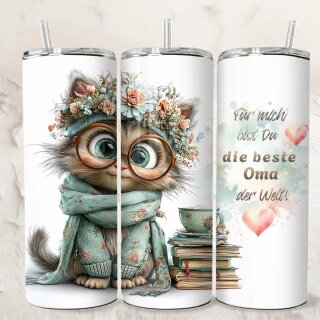 Thermobecher "Beste Oma der Welt" – 590 ml Tumbler mit süßer Katze & Blumenkranz