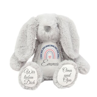 Personalisierter Kuschelhase grau mit Namen & Widmung – Geschenk von Oma & Opa