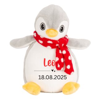 Personalisiertes Pinguin-Kuscheltier mit Schal – mit Name & Datum bedruckt