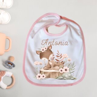 Babylätzchen Reh-Mama & Baby – personalisiert mit Name – rosa Rand – Geschenk zur Geburt & Taufe