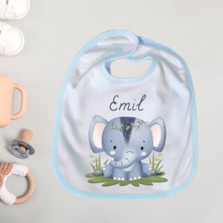 Babylätzchen Elefant mit Name – Hellblau – personalisiert für Jungen