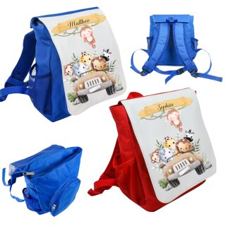 Kinderrucksack „Safari-Tiere im Jeep“ – personalisiert mit Namen