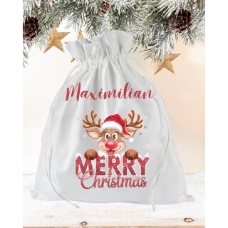 Personalisierter Geschenkbeutel Weihnachten – Rentier „Merry Christmas“ mit Namen