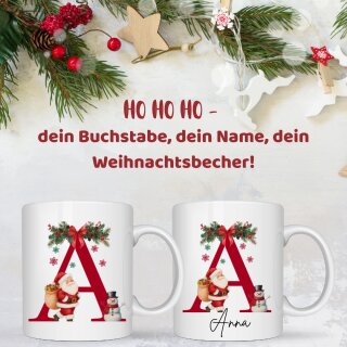 Personalisierte Weihnachtstasse mit Anfangsbuchstaben & Namen – Weihnachtsmotiv mit Santa & Schneemann
