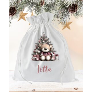 Personalisierter Geschenkbeutel Weihnachten | Teddy mit Weihnachtsbaum & Name | Stoffbeutel für Kinder & Familiengeschenke