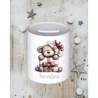 Personalisierte Spardose Weihnachten | Teddy im Geschenkpaket | Mit Namen bedruckt