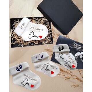 Babyankündigung in Geschenkbox | Bedruckte Babysocke zur Schwangerschaftsverkündung | „Du wirst Papa / Oma / Opa / Tante / Onkel / Patentante …“