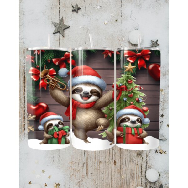 Weihnachtlicher Thermobecher 🦥 | Edelstahl Tumbler mit fröhlichen Faultieren & Weihnachtsbaum