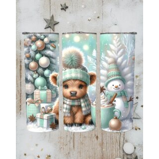 Thermobecher „Winter Puppy Mintgold“ | Rundum bedruckter Edelstahl-Tumbler mit Welpe, Schneemann & Geschenken | 590 ml