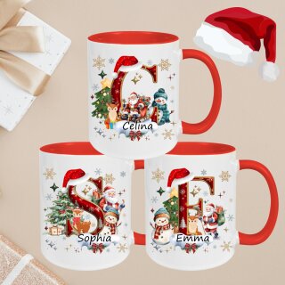 Personalisierte Weihnachtstasse mit Buchstabe & Name | Weihnachtsbecher mit Santa, Schneemann & Rentier | Geschenkidee zu Weihnachten