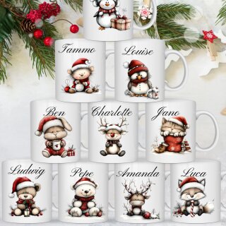 Personalisierte Weihnachtstasse mit Namen & Tiermotiv | Weihnachtsbecher für Kinder & Erwachsene | 10 liebevolle Wintermotive zur Auswahl