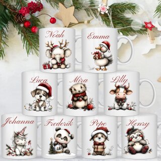 Personalisierte Weihnachtstasse mit Namen & Tiermotiv | 9 liebevolle Winterdesigns | Weihnachtsbecher für Kinder & Familie