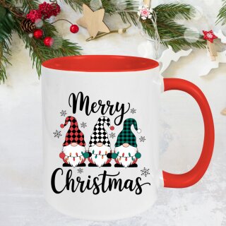 Weihnachtstasse „Merry Christmas“ mit drei Wichteln | Weihnachtsbecher mit rotem Henkel & Innenfarbe