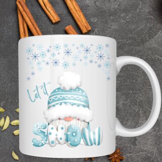 Wintertasse „Let it Snow“ mit Wichtel | Bezaubernde Schneeflocken-Tasse in Blau & Weiß