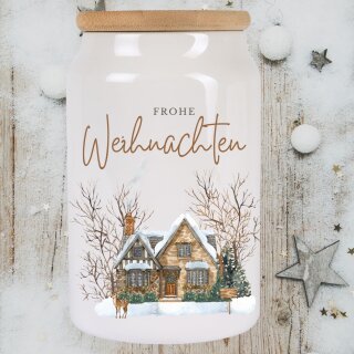 Keksdose „Frohe Weihnachten“ | Hochwertige Keramikdose mit Winterhaus-Motiv & Bambusdeckel
