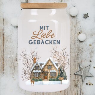 Keksdose „Mit Liebe gebacken“ | Winterhaus-Design mit Bambusdeckel