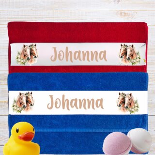 Personalisiertes Handtuch mit Pferdemotiv und Namen – 100 % Baumwolle, rot oder blau, verschiedene Größen blau 50x100cm