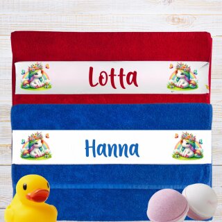 Personalisiertes Handtuch mit Einhorn-Motiv und Namen – 100 % Baumwolle, Rot oder Blau, verschiedene Größen