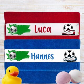 Personalisiertes Handtuch mit Fußball-Motiv und Namen – 100 % Baumwolle, Rot oder Blau, verschiedene Größen