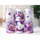 Tumbler Einhorn mit Blumen und Schmetterlingen – personalisierbarer Thermobecher 590ml