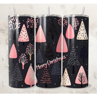Tumbler Merry Christmas – Rosa-Schwarzes Design mit Weihnachtsbäumen, Edelstahlbecher 590 ml
