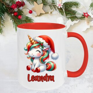 Personalisierte Weihnachtstasse Einhorn mit Namen – rot