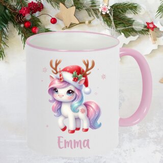 Personalisierte Einhorn-Weihnachtstasse – Rosa Henkel – 5 Motive zur Auswahl Geweih