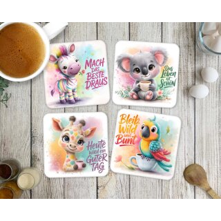 Untersetzer „Positive Vibes“ mit niedlichen Tieren – Motivationssprüche – Kork-Untersetzer 95×95 mm