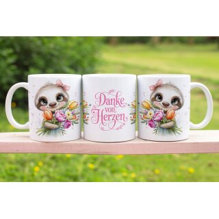 Personalisierbare Tasse „Danke von Herzen“ | Süßes Faultier mit Blumen – Geschenk zum Danke sagen