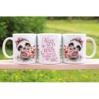 Personalisierte Renten-Tasse – „Alles Gute für die Rente“ – Süßes Faultier mit Blumenstrauß – Geschenk zum Ruhestand