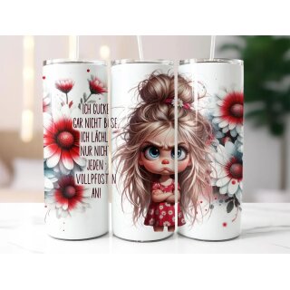 Thermobecher „Ich gucke gar nicht böse…“ – 590 ml Edelstahl Tumbler mit frechem Mädchen & Blumenmotiv