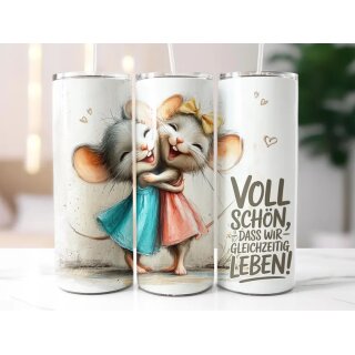 Thermobecher „Voll schön, dass wir gleichzeitig leben!“ – 590 ml Edelstahl Tumbler mit süßem Mäuse-Duo