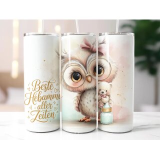 Thermobecher „Beste Hebamme aller Zeiten“ – 590 ml Edelstahl Tumbler mit süßer Eule & Baby-Accessoires