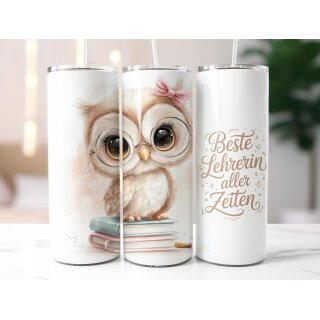 Thermobecher „Beste Lehrerin aller Zeiten“ – 590 ml Edelstahl Tumbler mit süßer Eulen-Lehrerin & Bücherstapel