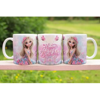 Happy Birthday Tasse – Zauberhafte Prinzessin im Blumenkleid, Geschenk zum Geburtstag